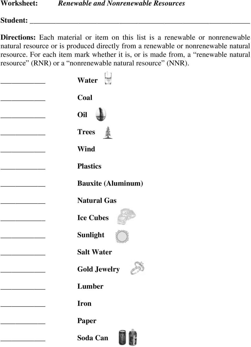 Renewable Vs Nonrenewable Resources Worksheet