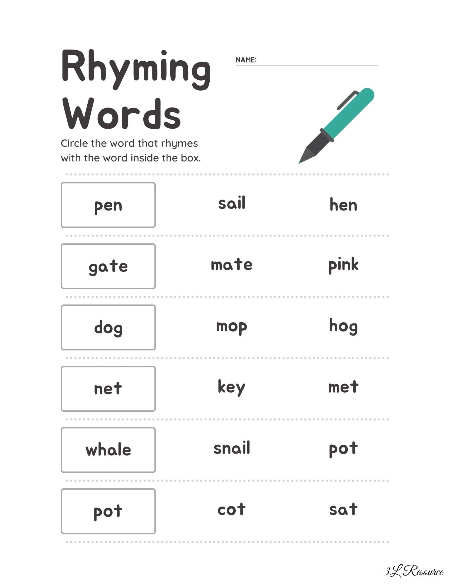 rhyming word worksheet