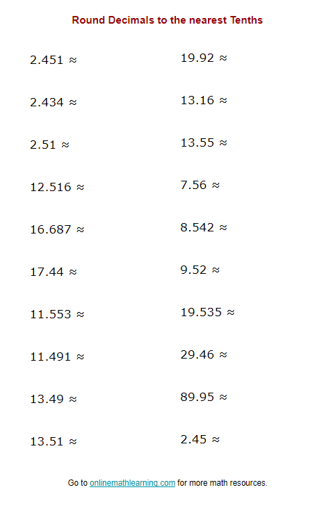 Round Decimals To The Nearest Tenths printable Online Answers 