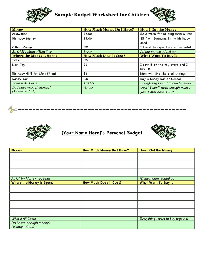 Sample Budget Worksheet For Children In Word And Pdf Formats
