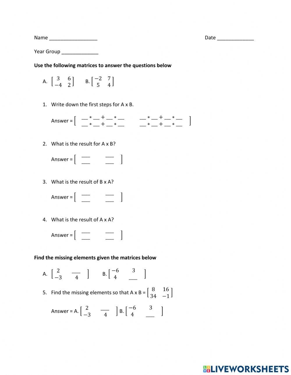 Scalar And Matrices Multiplication Teaching Resources Worksheets 