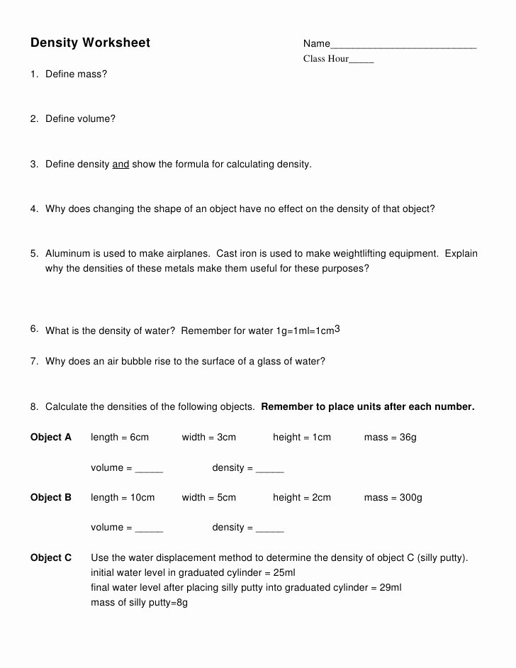 Science 8 Density Calculations Worksheet Best Of Density Worksheet 2