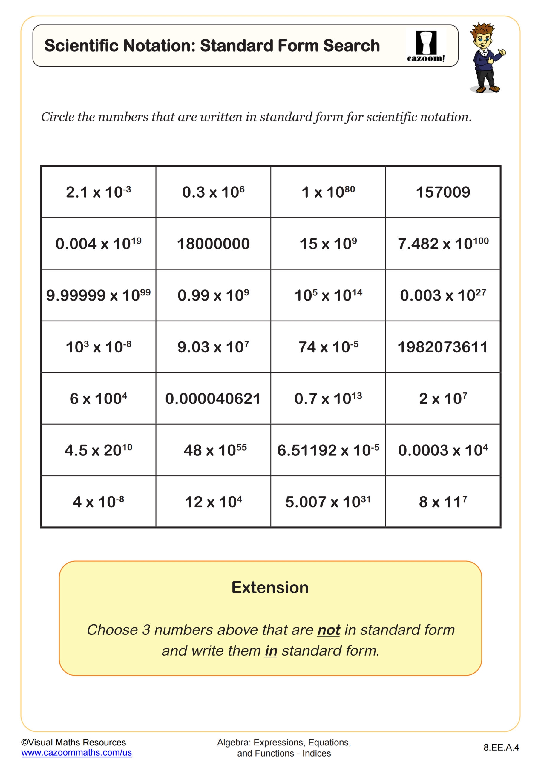 Scientific Notation Standard Form Search Worksheet 8th Grade