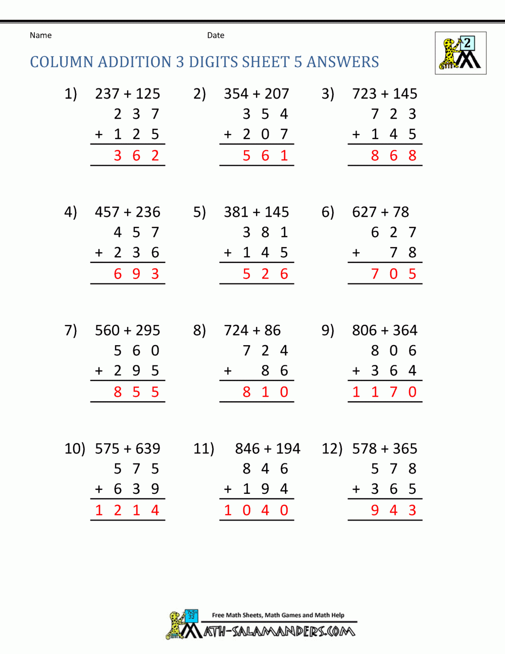 Second Grade Addition Worksheets
