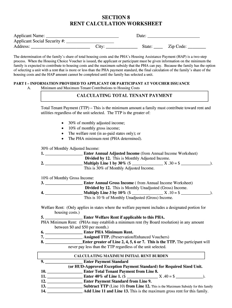 Section 8 Rent Calculation Worksheet Fill Online Db excel