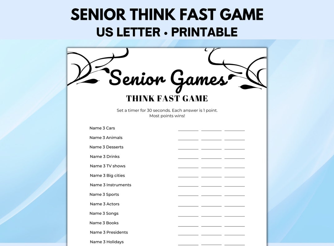 Senior Think Fast Game Printable Games For Seniors Ice Breaker Games 
