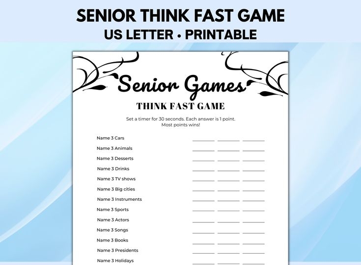 Senior Think Fast Game Printable Games For Seniors Ice Breaker Games