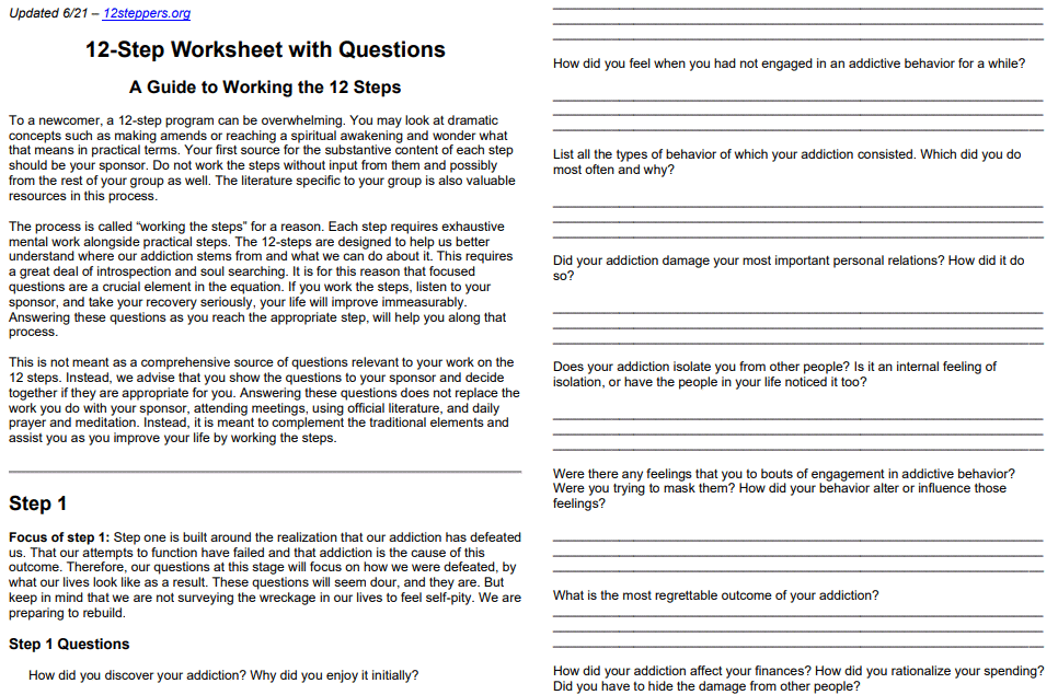 recovery worksheets pdf