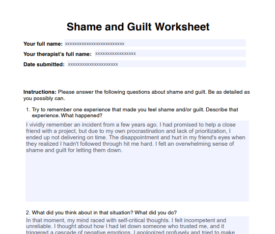 Shame And Guilt Worksheet Example Free PDF Download Worksheets 