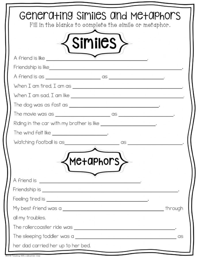 Simile Worksheets For Grade 3 Worksheets For Kindergarten