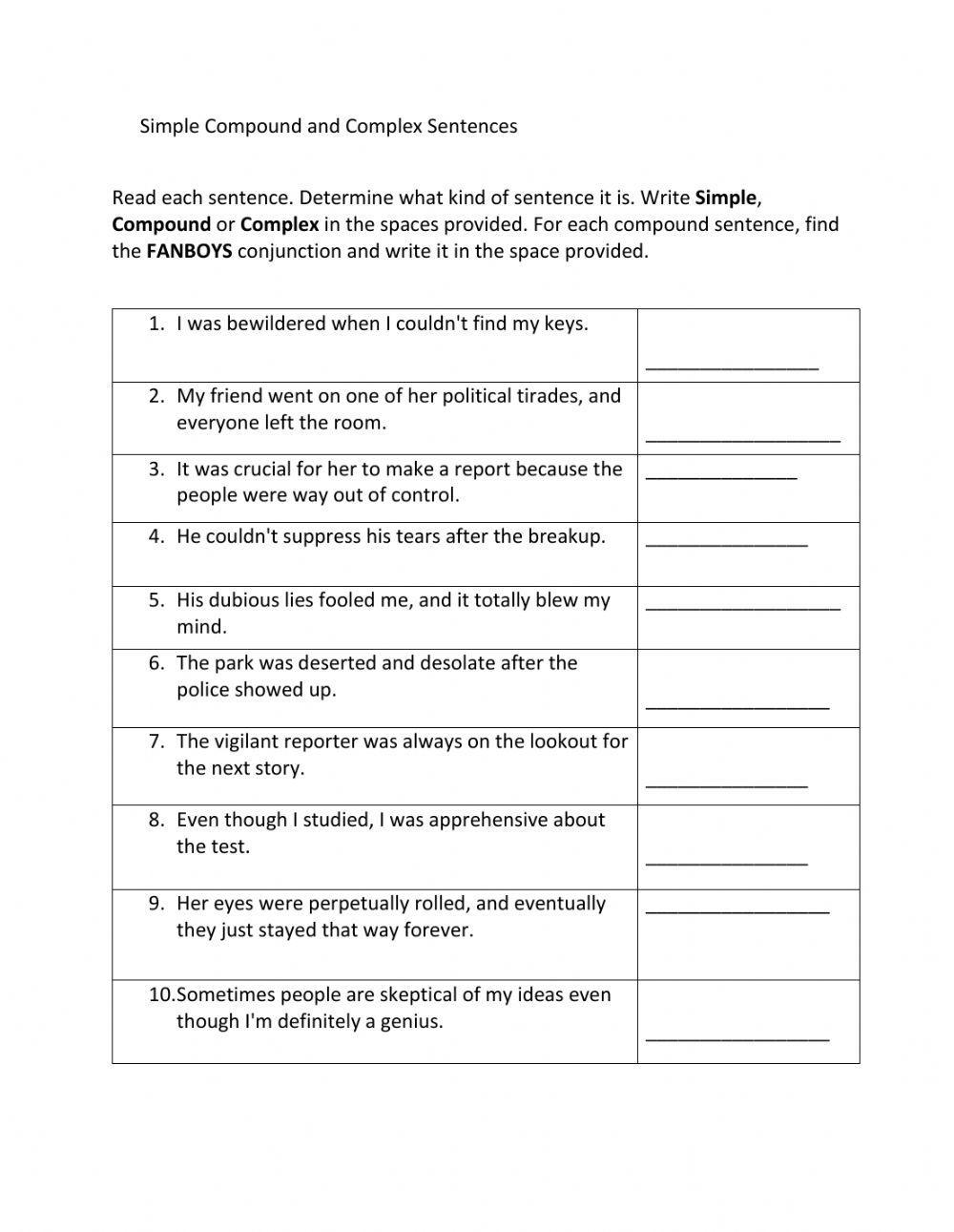 Simple Compound And Complex Sentences Interactive Worksheet 