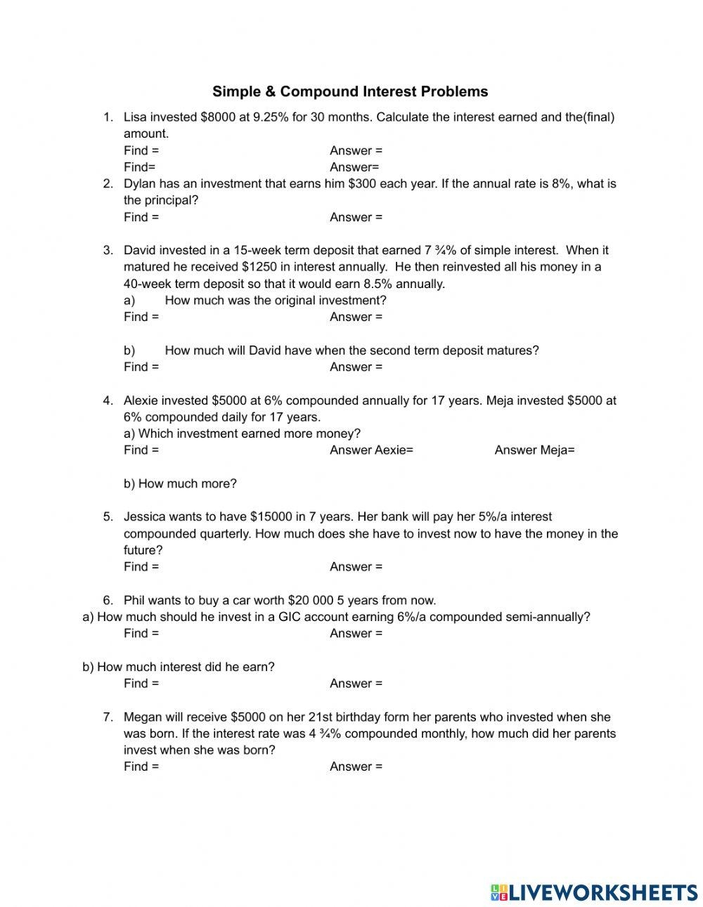Simple Compound Interest Problems Worksheet Live Worksheets