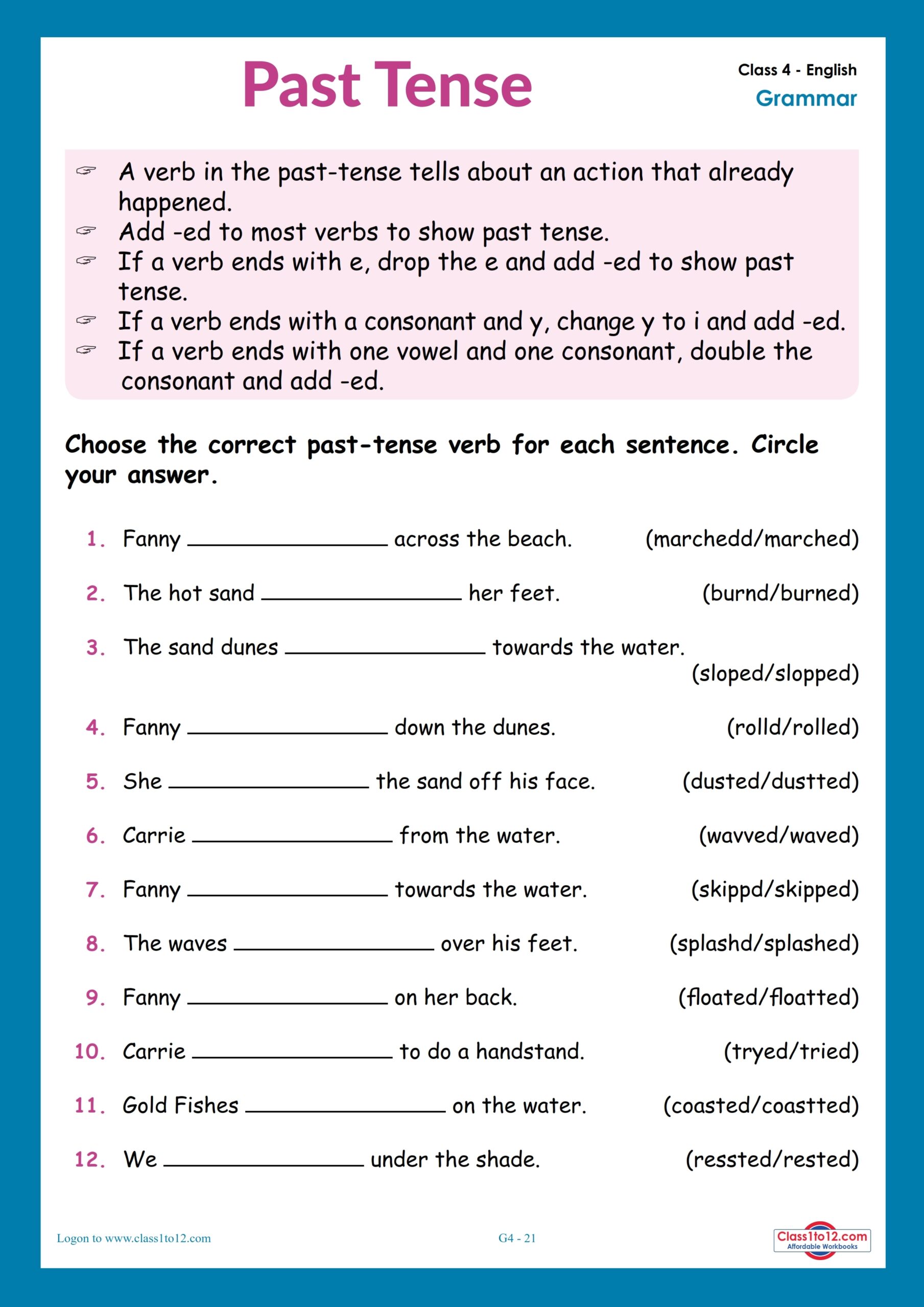 Simple Past Tense Worksheeet For Class 4 CBSE Class1to12