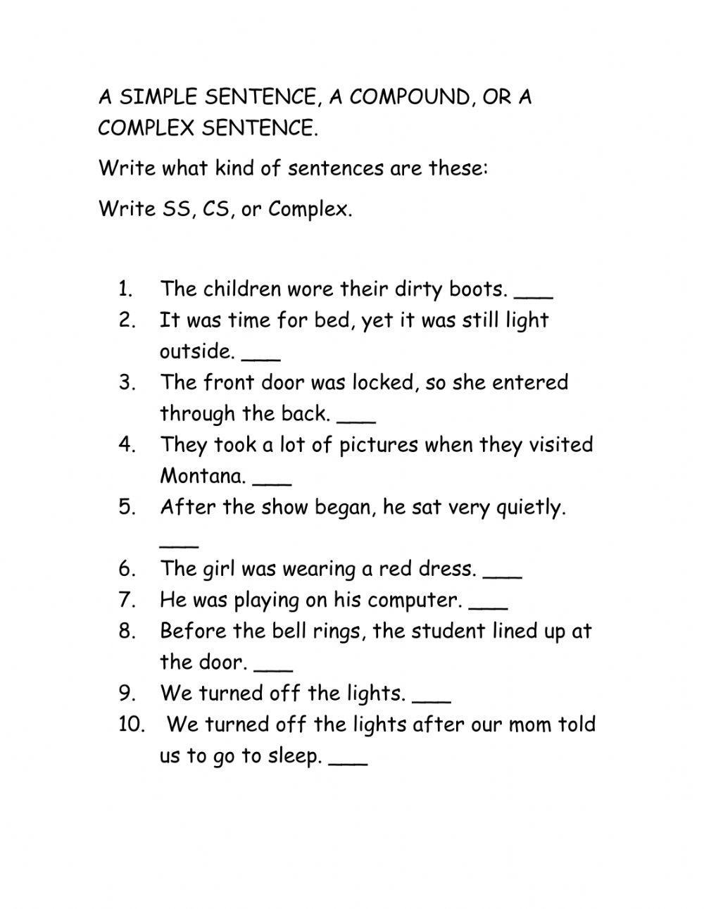 simple or compound sentence worksheet