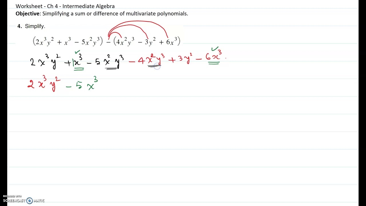 Simplifying Polynomials Exercises Video Worksheets Library