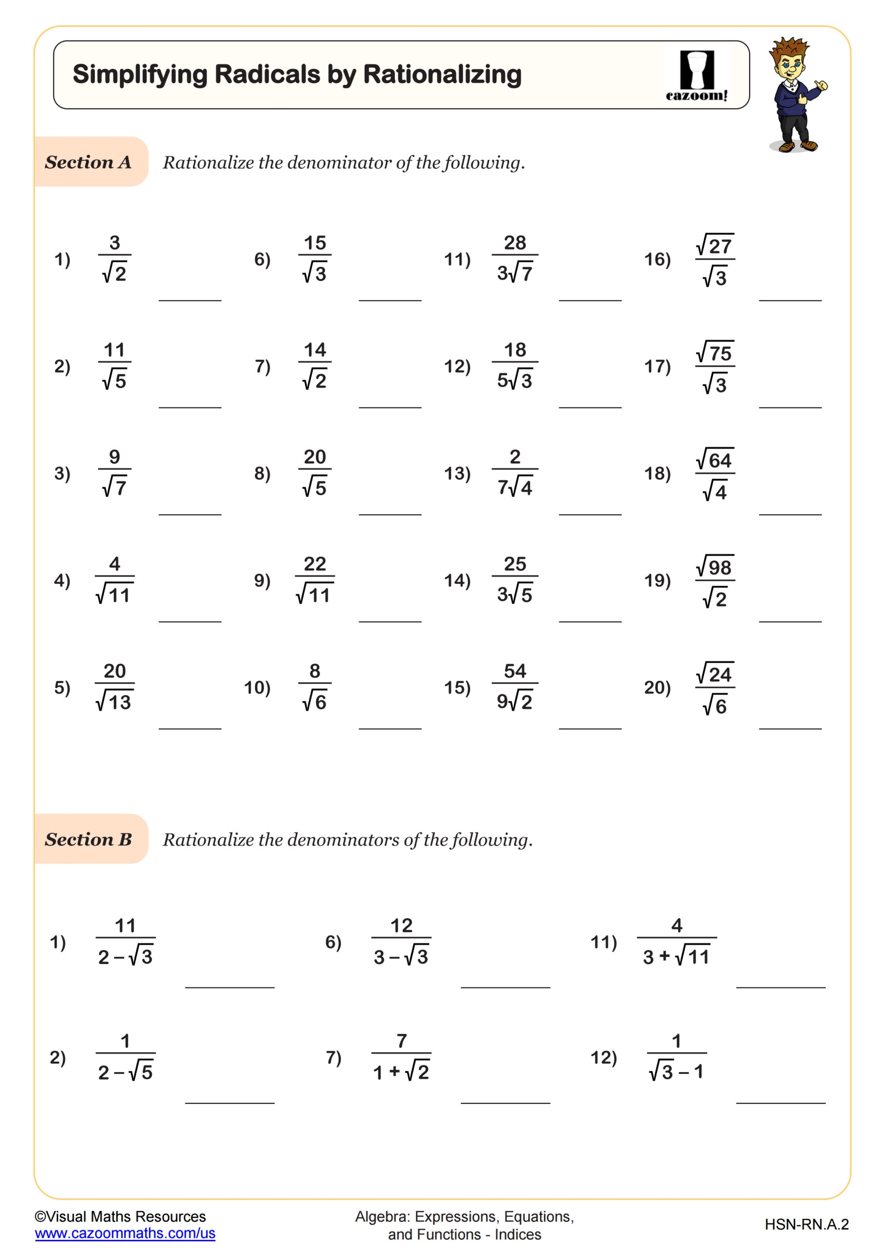 rationalize the denominator worksheet