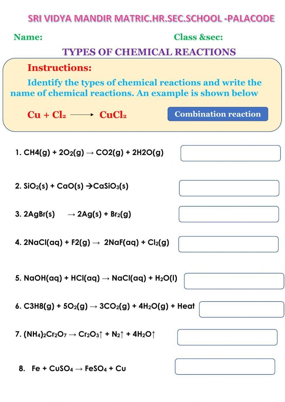 Six Types Of Reactions Worksheet For 9th 12th Grade Lesson Planet 