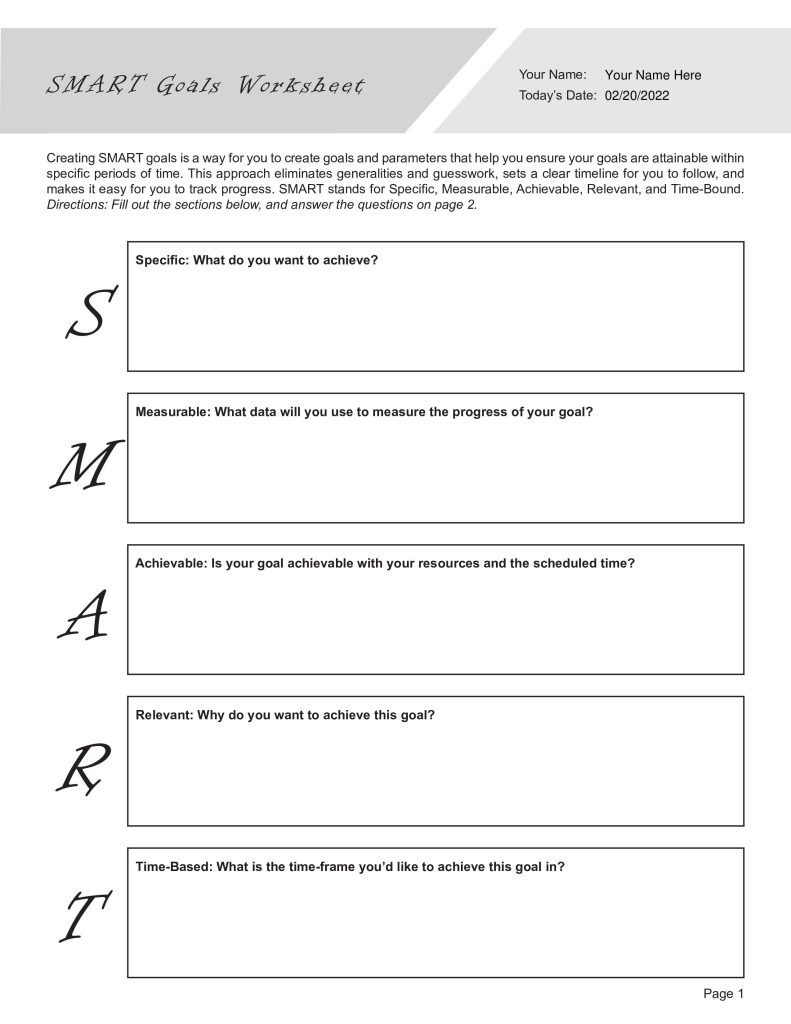 smart goal worksheet pdf