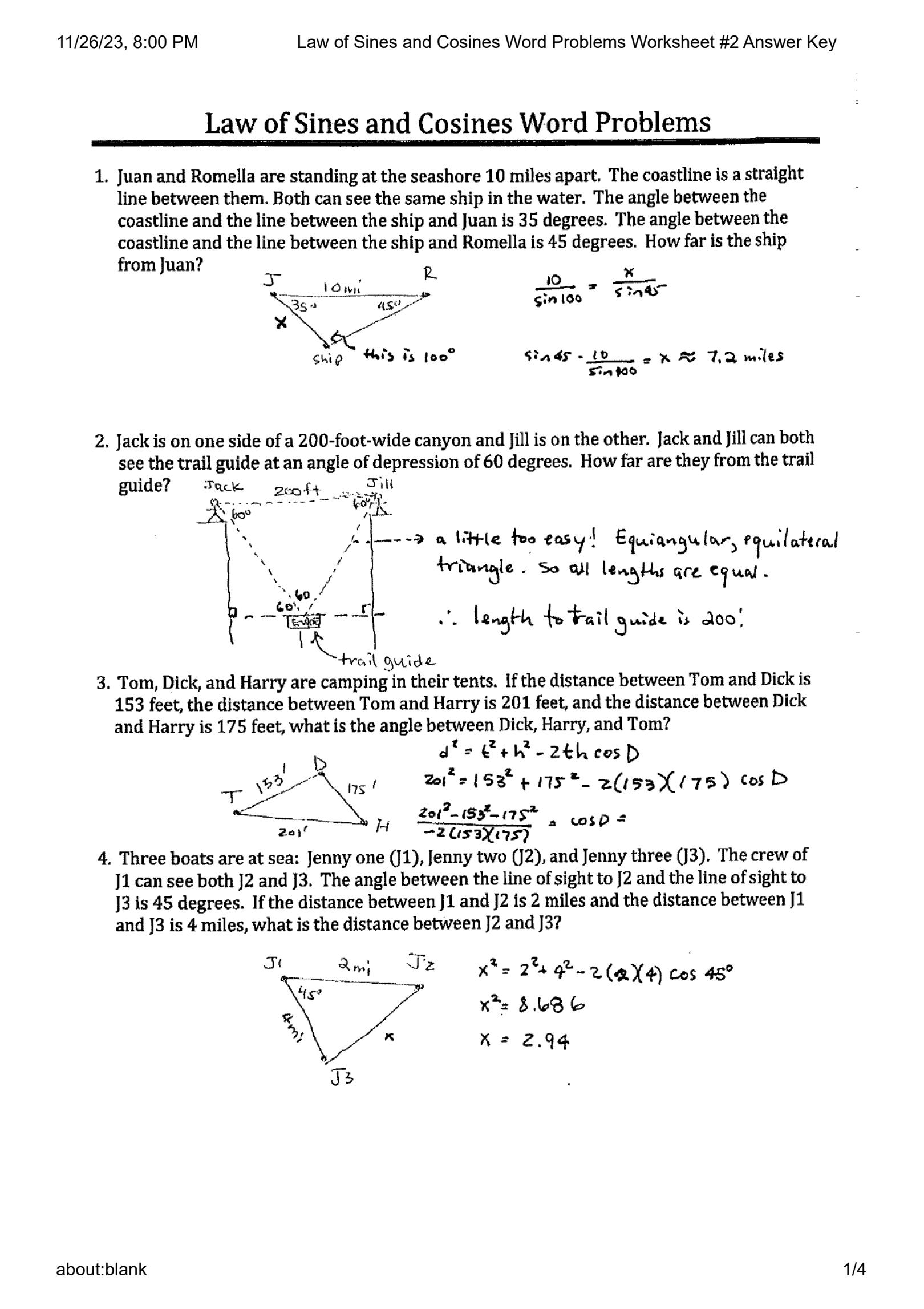SOLUTION Law Of Sines And Cosines Word Problems Worksheet 2 