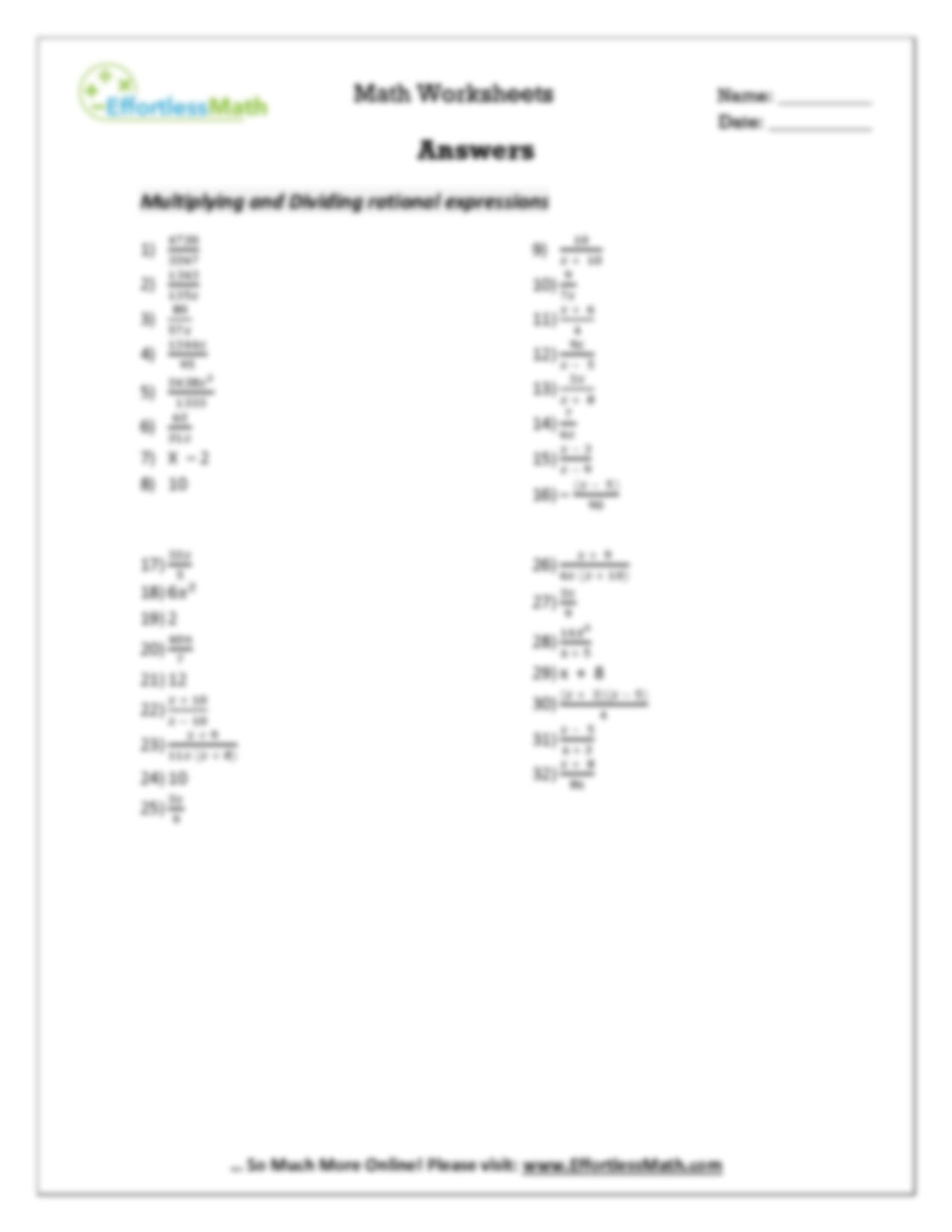 SOLUTION Multiplying And Dividing Rational Expressions Worksheet 