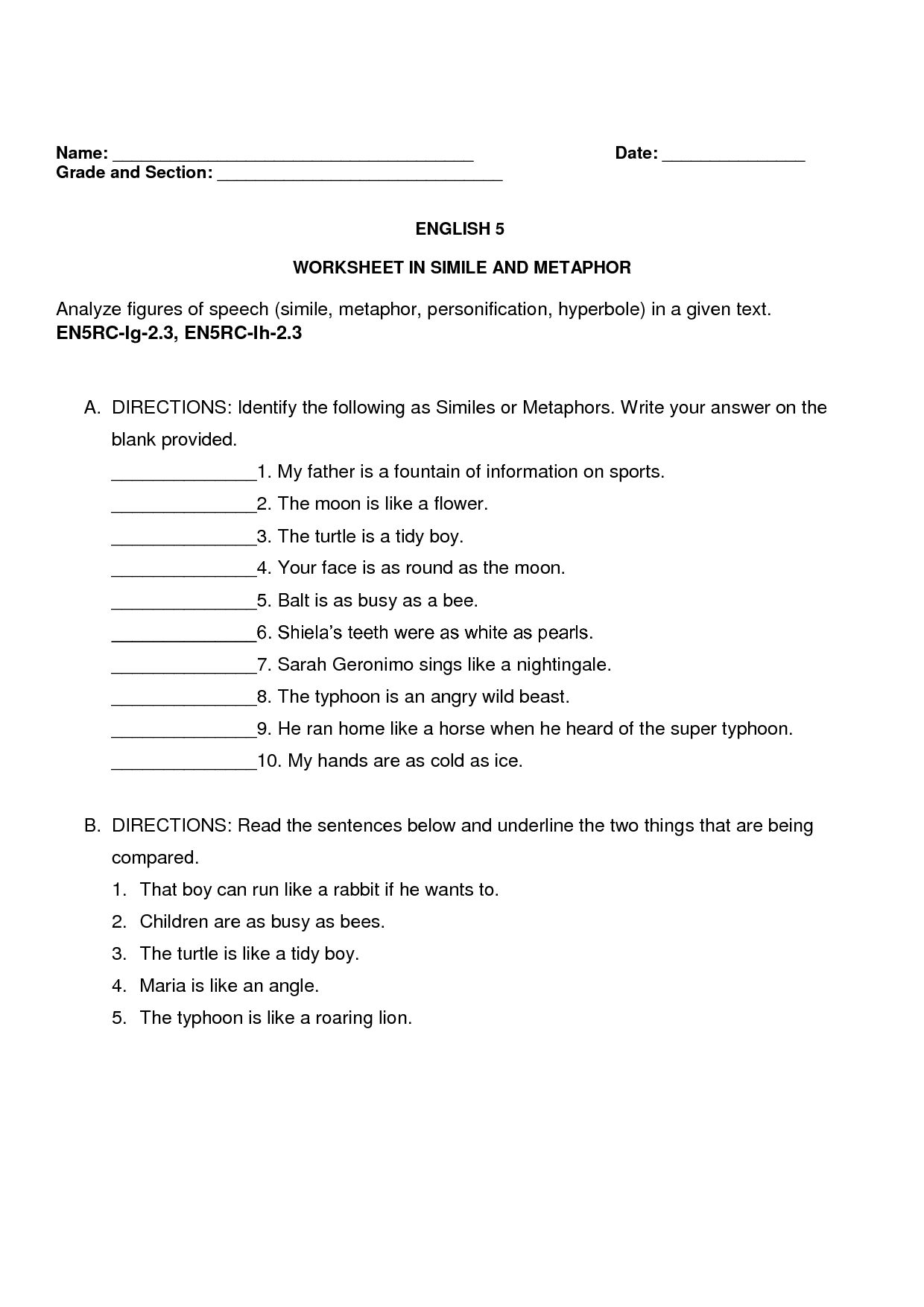 SOLUTION Worksheet In Simile And Metaphor Studypool Worksheets Library