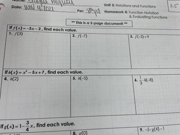 functions and function notation worksheet