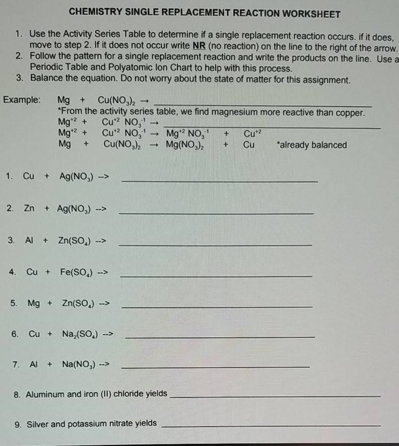 Solved CHEMISTRY SINGLE REPLACEMENT REACTION WOR SolutionInn