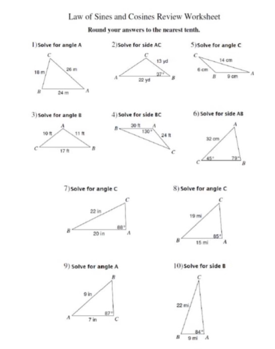 Solved Law Of Sines And Cosines Review WorksheetRound Your Chegg 