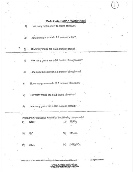 Solved Mole Calculation Worksheet 1 How Many Moles Are Irf 
