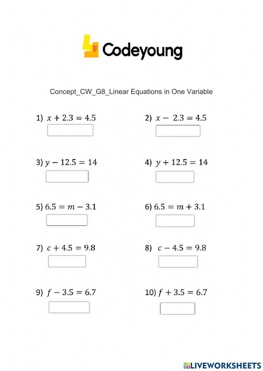 Some Applications Of Linear Equations In One Variable Worksheet 