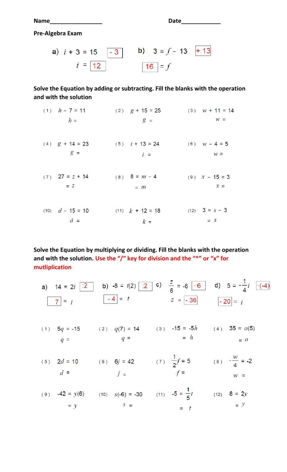 SP1 Pre Algebra Regular Summer Review Packet Worksheets Library