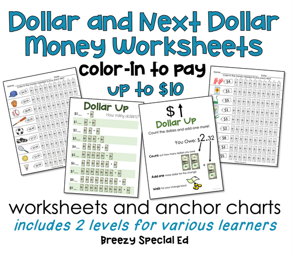 Special Education Next Dollar Up Money Color In Worksheets Up To 10 
