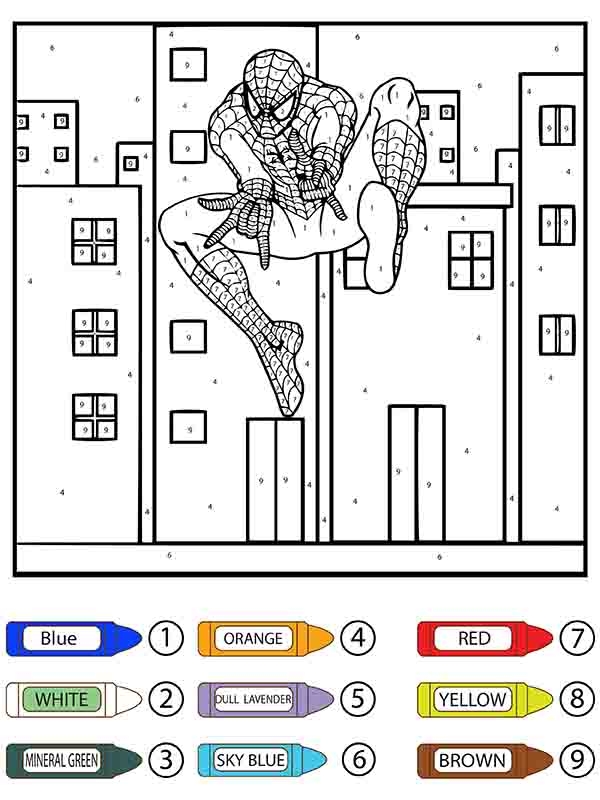 Spider Man Swinging Color By Number Coloring Page Free Printable