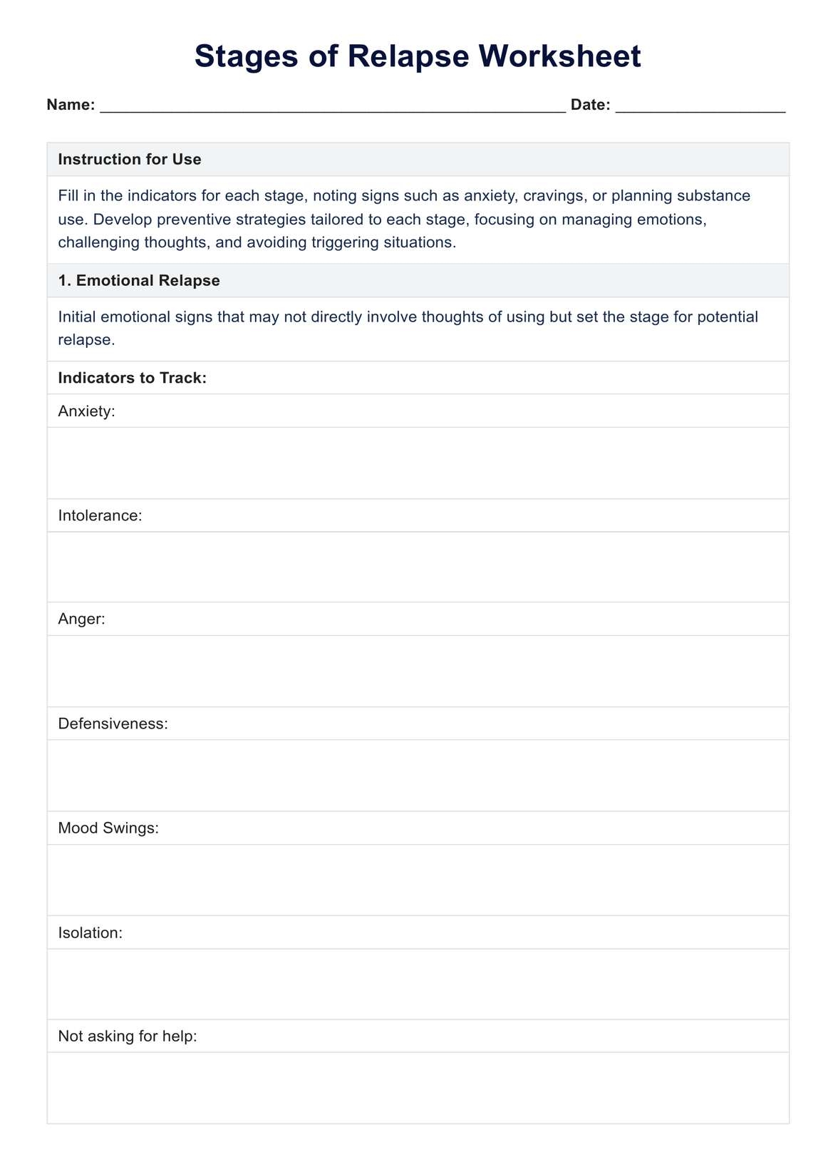 recovery worksheet