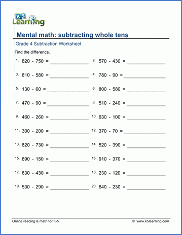 Subtracting Whole Tens K5 Learning