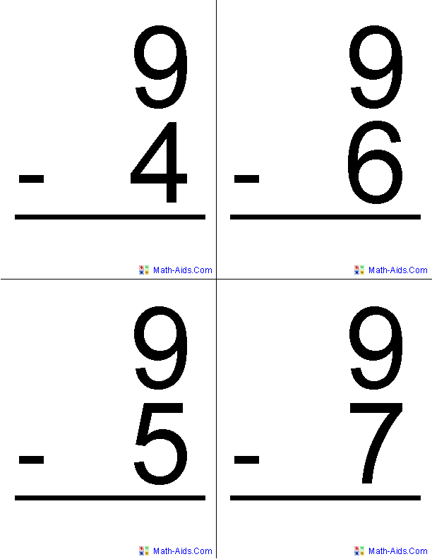 Subtraction Flash Cards Printable