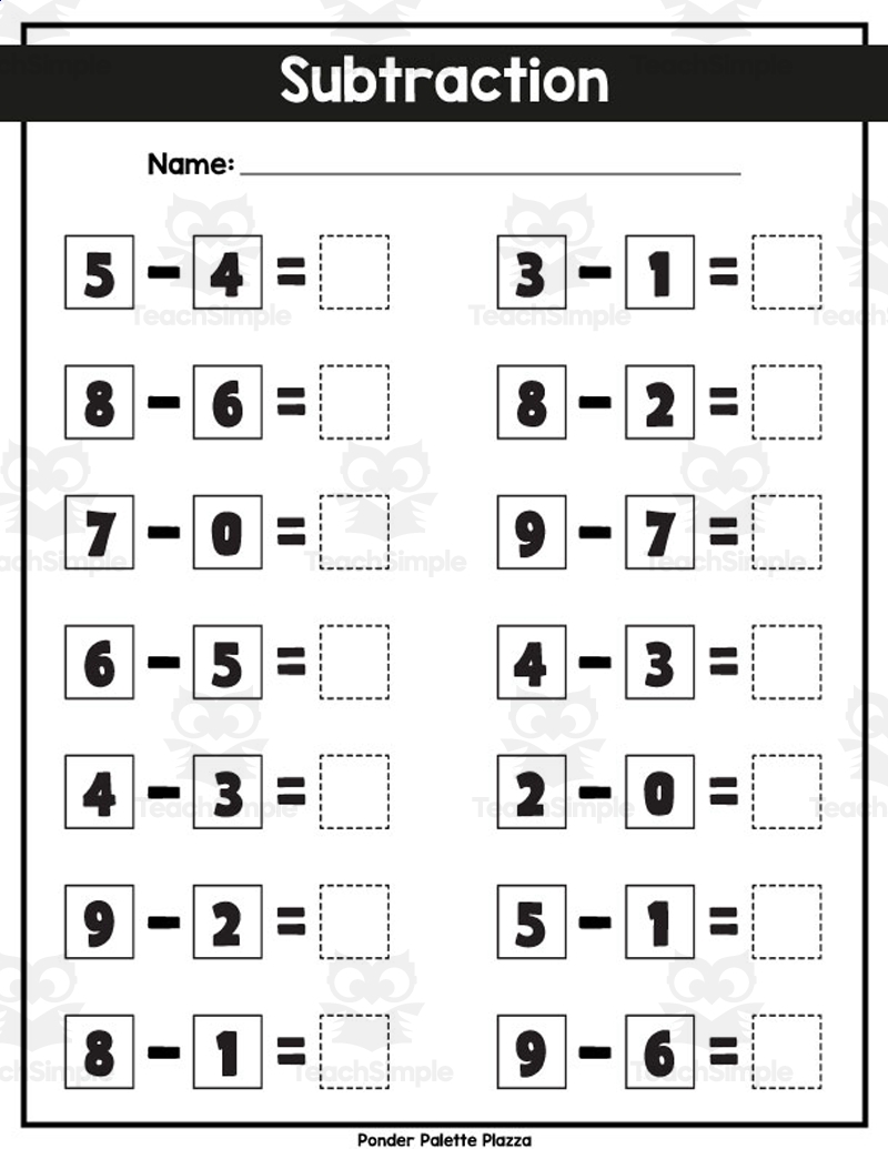 Subtraction Math Worksheets By Teach Simple