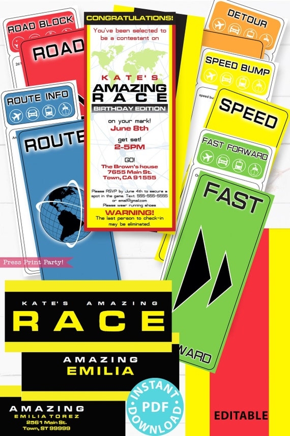 The Amazing Race Party Printable Invitation And Clue Cards Editable 