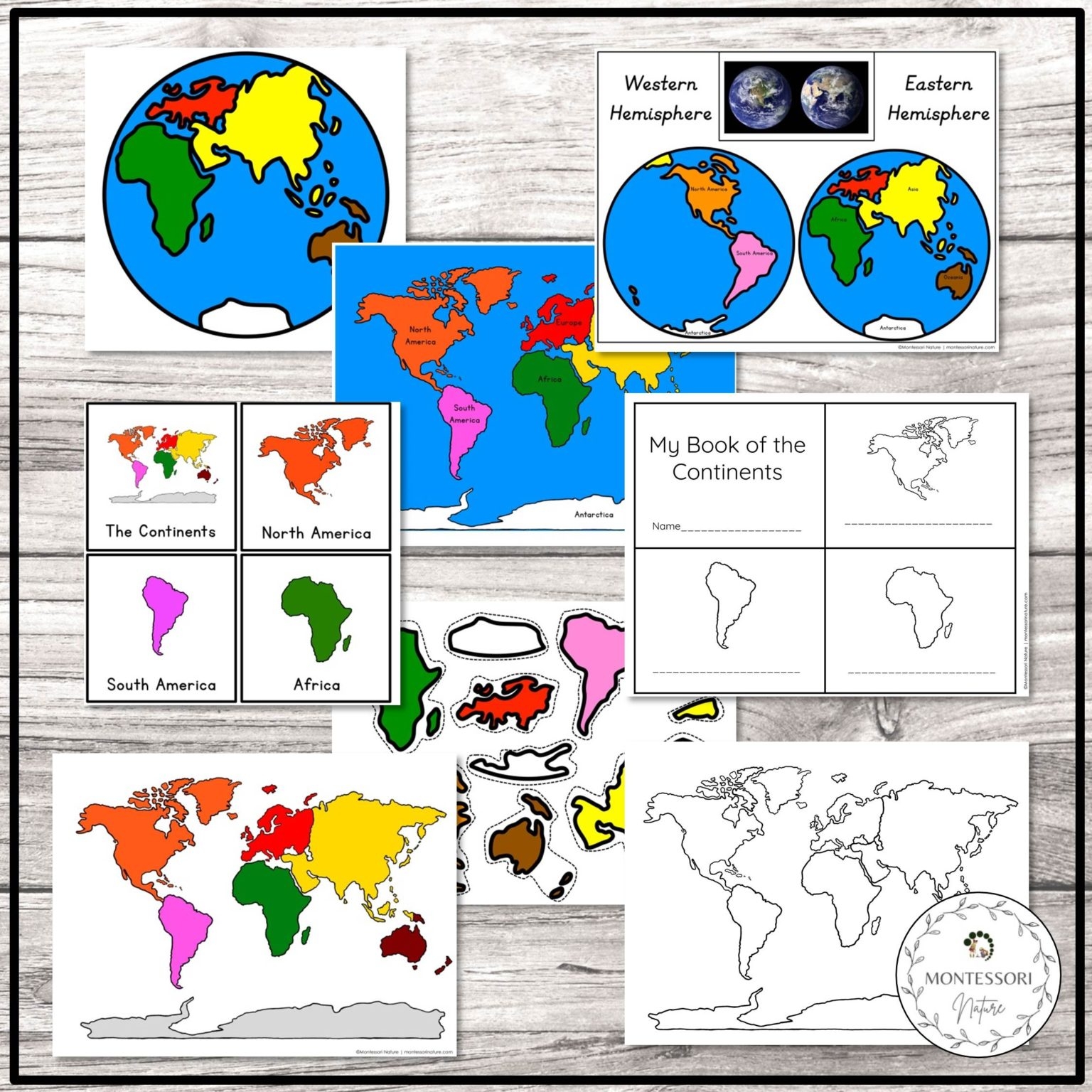 The Continents World Map 3 Part Cards Booklet Montessori Nature