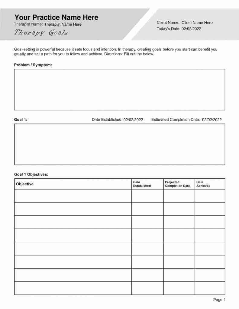 Therapy Goals Worksheet Editable Fillable Printable PDF 
