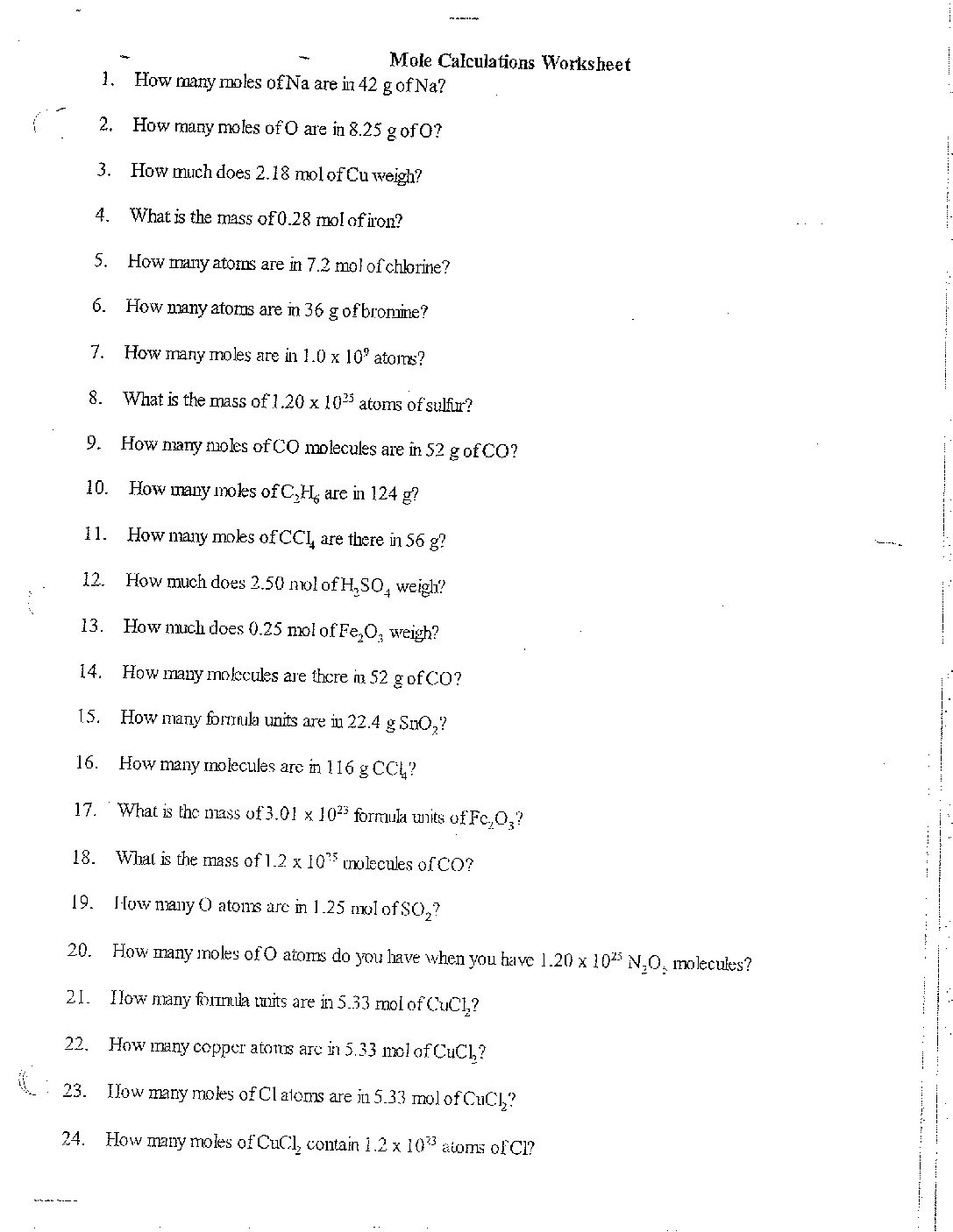 Topic 6 Mole Calculations Worksheet cglass St Marys Springs 