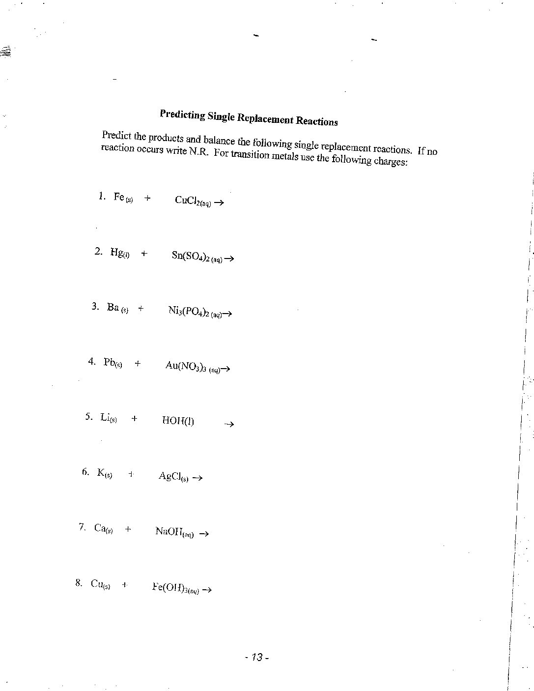 Topic 6 Predicting Single Replacement Reactions cglass St 