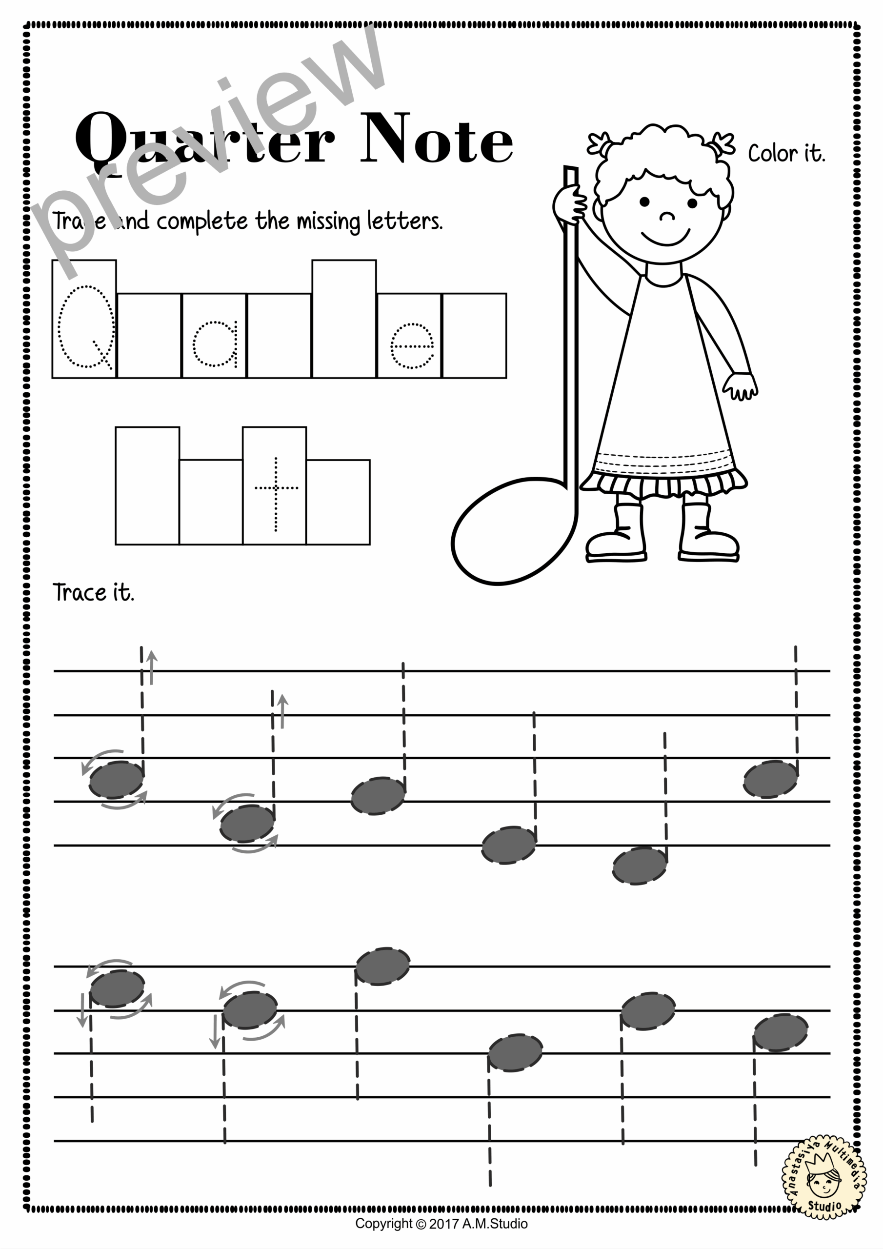 Tracing Music Notes Worksheets For Kids