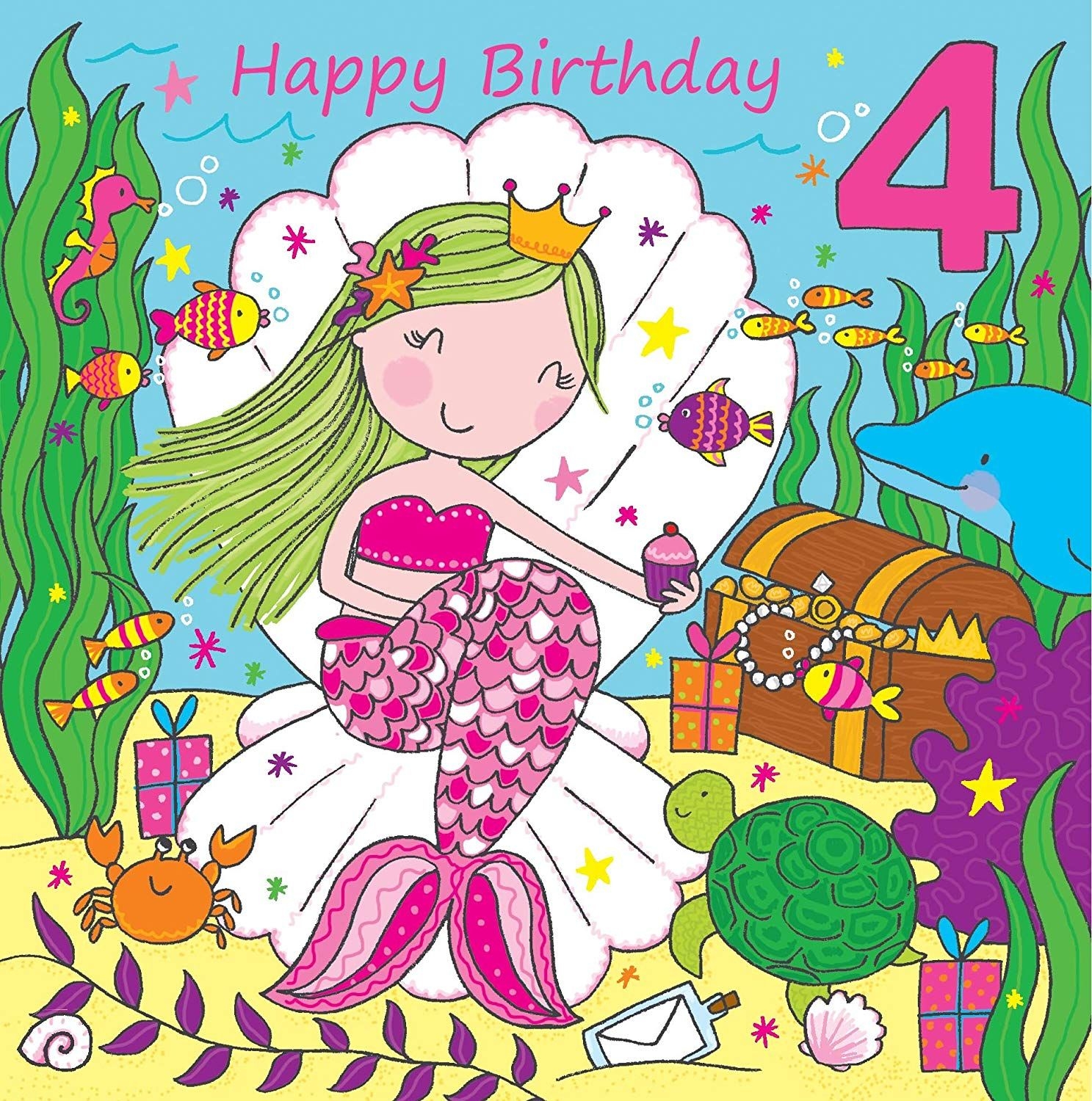 Twizler 4th Birthday Card For Girl With Cute Mermaid Glitter Four 