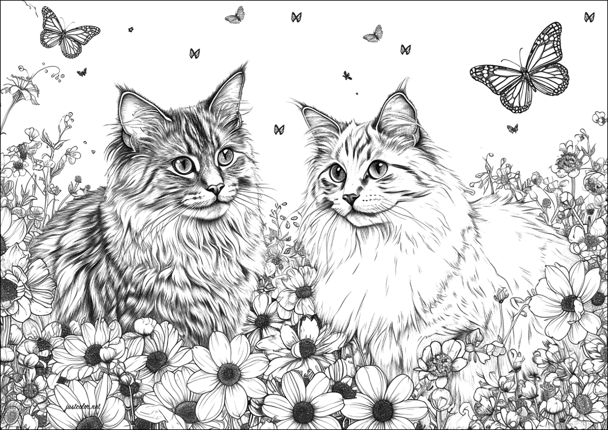 Two Very Realistic Cats With Flowers And Butterflies Cat Coloring 