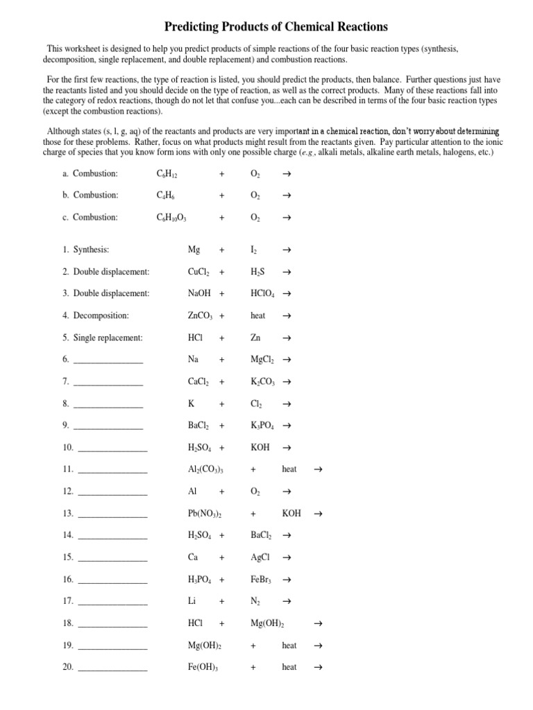 predicting products of a chemical reaction worksheet answers