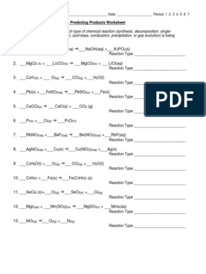 Types Of Chemical Reaction And Predicting Products Worksheet PDF 