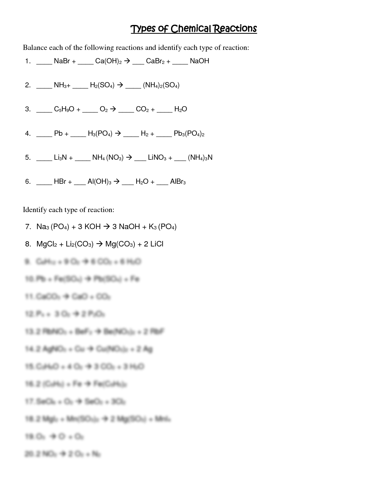 Types Of Chemical Reactions Worksheets Library