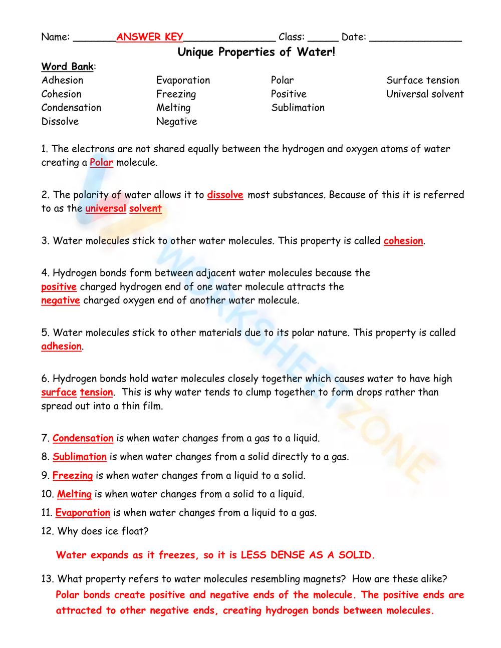 Unique Properties Of Water with Answers Worksheet Worksheets Library
