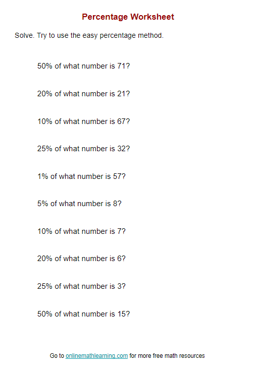 Unknown Total Percentage Worksheets answers Examples Worksheets